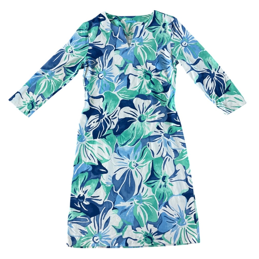 J Mclaughlin Carly Dress Small Catalina Cloth Blue Tropical Knee Length Orchidia